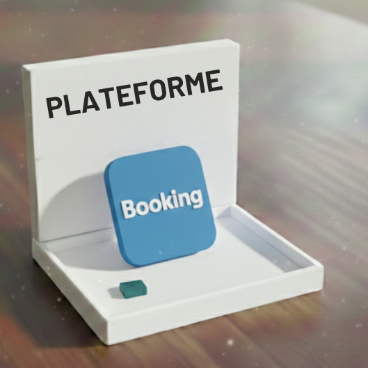 Logo de la plateforme Booking sur un support blanc.